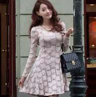 气质优雅韩国棉混纺长袖蕾丝连衣裙005844